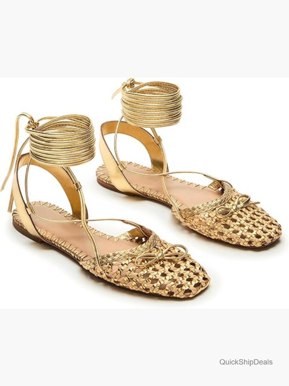 Woven Raffia Ballet Flats Lace Up Closed Square Toe Summer Shoes